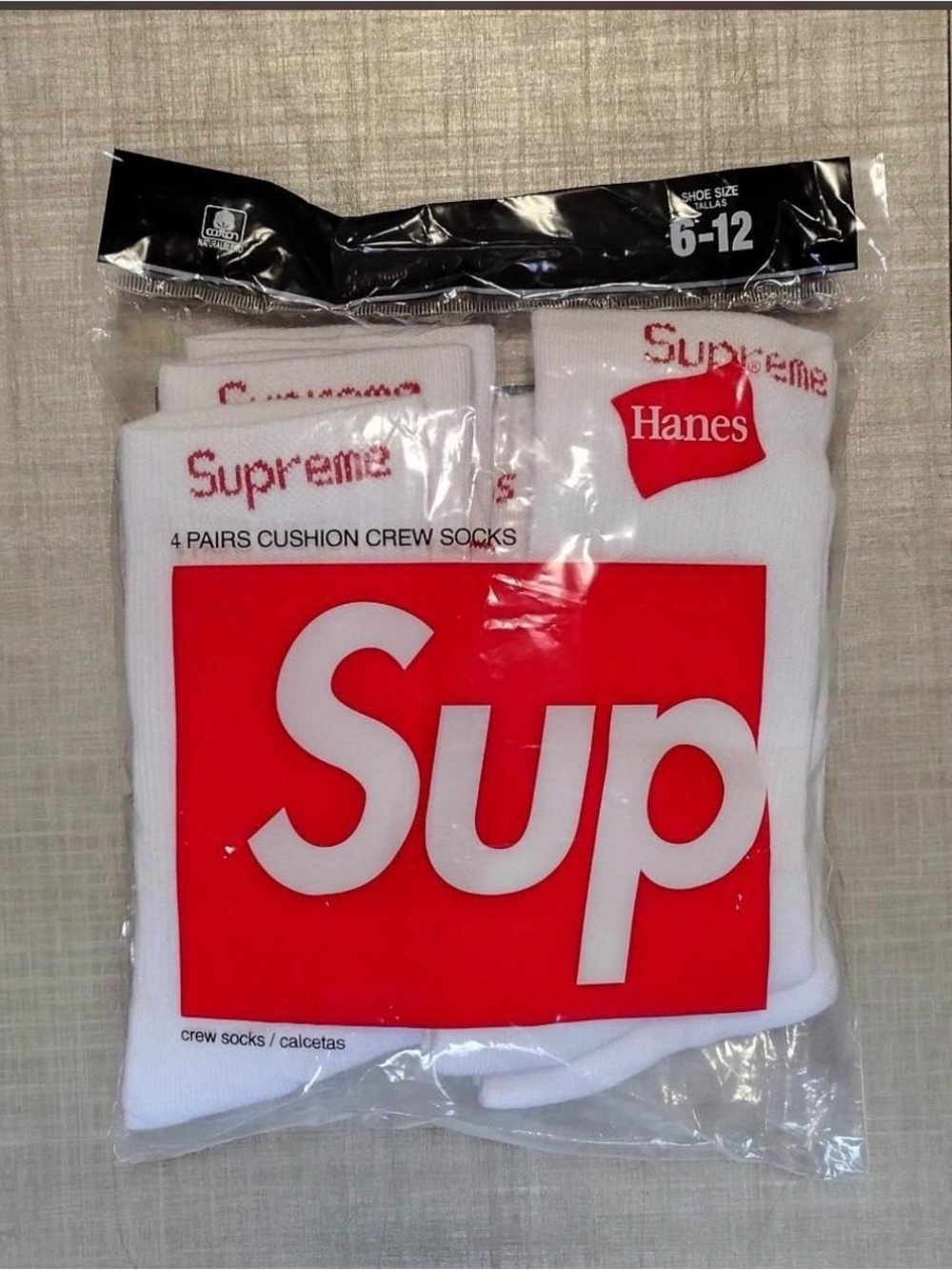 Hanes White Crew Socks with Red Supreme Logo - 4 Pairs